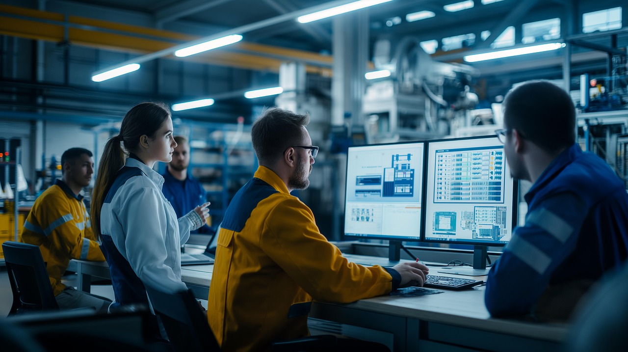 Assembly line employees using technology in a manufacturing environment